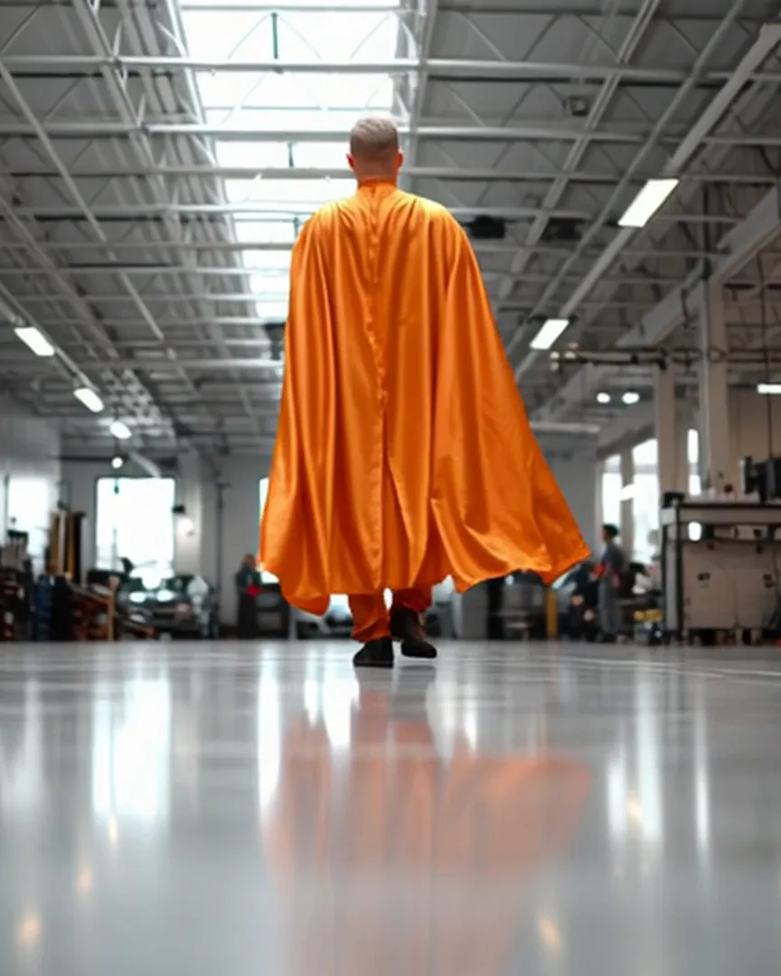 A hero in an orange cape walking through a body shop