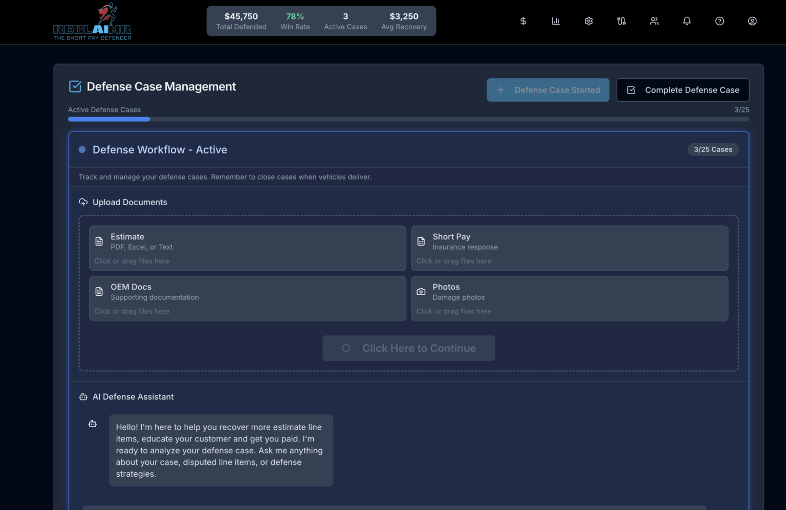 The Reclaimr defense case management screen